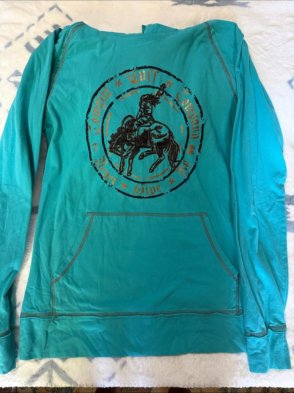 Cowgirl Tuff Teal Hoodie with Rodeo Bucking Horse Graphic